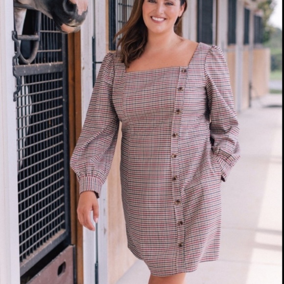 Gal meets glam Brooke dress brown plaid button square neck - Picture 2 of 9